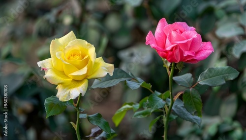 Dual-colored Beauty: A Close-Up View of Yellow and Pink Garden Roses in an Indian Winter Garden