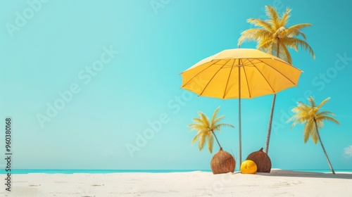 Tropical Beach Umbrella Coconut Palms Summer Vacation