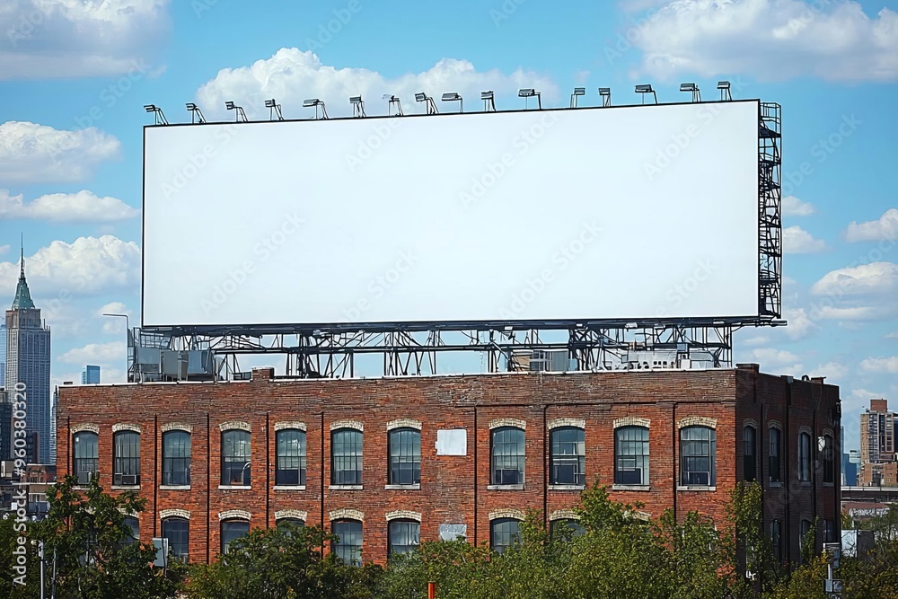 Hyper realistic photo of Large Billboard On Roof Top Of Brick Building , copy space for text, Hyper realistic photo of Large Billboard On Roof Top Of Brick Building , copy space for text,