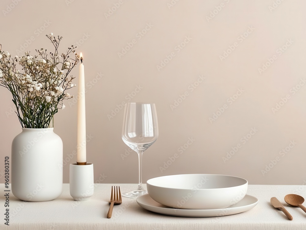 Elegant table setting with soft golden candlelight, minimalistic dinnerware, subtle floral centerpiece, Modern, Warm tones, Photo-realistic Elegant table setting with soft golden candlelight, minimalistic dinnerware, subtle floral centerpiece, Modern, Warm tones, Photo-realistic