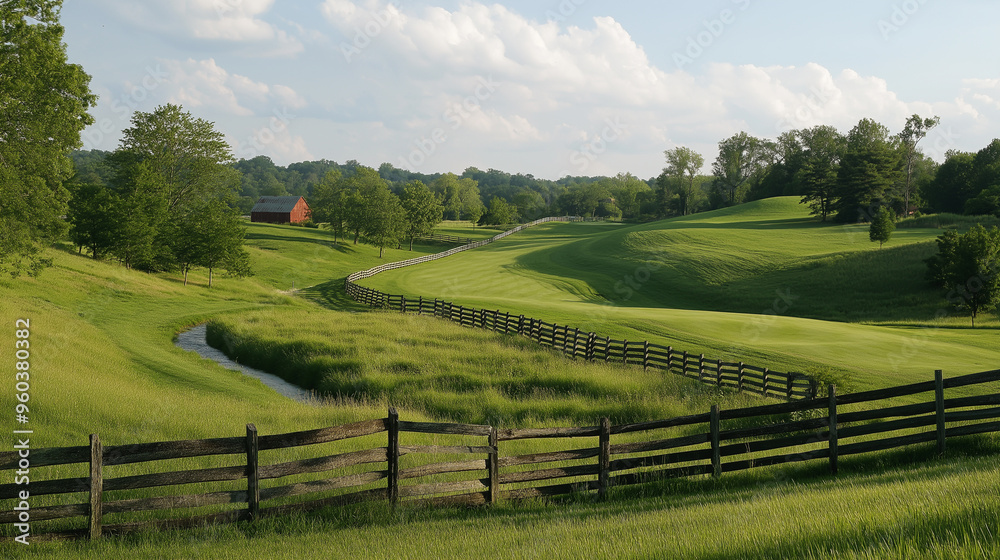 Obraz premium Serene Rural Landscape: Rolling Green Hills with Wooden Fence and Winding Stream