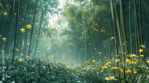 Mystical Bamboo Forest with Yellow Flowers