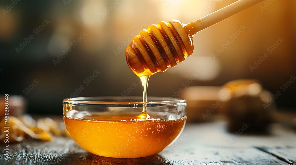 Golden Honey Drizzling Into a Glass Bowl Golden Honey Drizzling Into a Glass Bowl