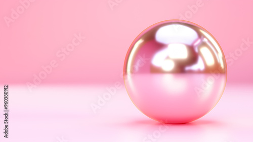 A round, glossy pearl sits on a pastel pink surface, reflecting light and colors, creating an elegant visual effect in a well-lit setting, suggesting a calm atmosphere