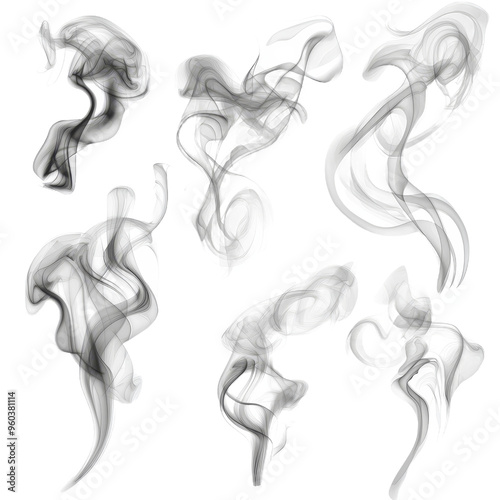 A set of abstract black and gray smoke g with a soft cloudy background. photo