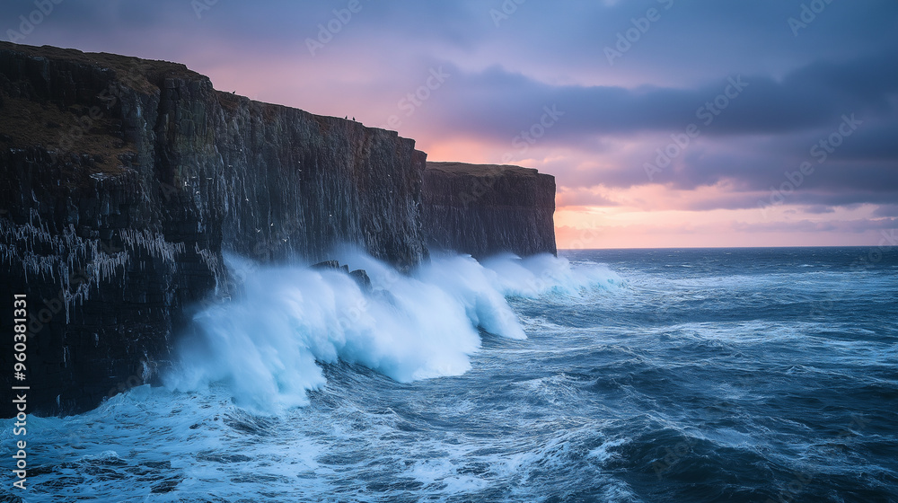 Dramatic Coastal Cliffs: Powerful Waves Crash Against Rugged Shoreline at Sunset Dramatic Coastal Cliffs: Powerful Waves Crash Against Rugged Shoreline at Sunset