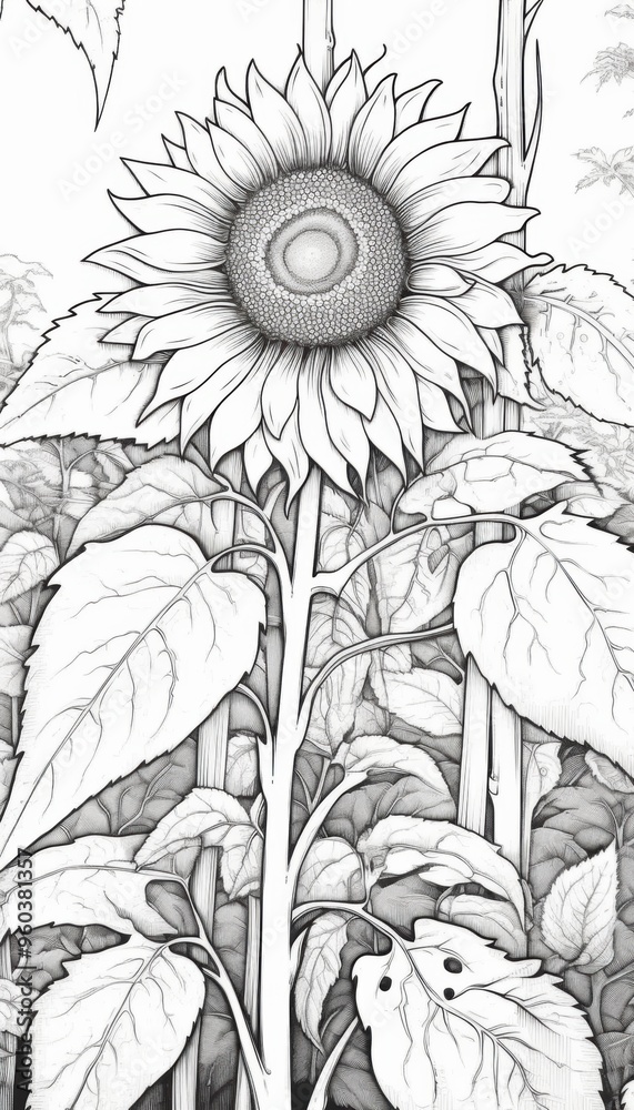 Fototapeta premium Sunflower. Black and white illustration for coloring book or page.