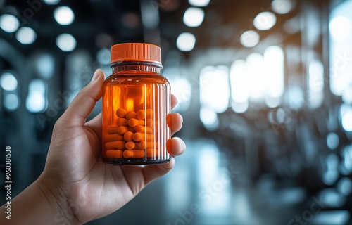 A robust person displaying a supplement bottle in a workout environment, highlighting health, strength, and fitness. ideal for endorsing bodybuilding and sports nutrition goods. photo