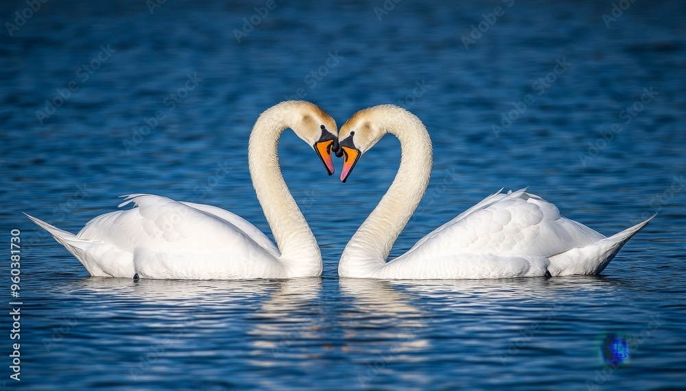 Obraz premium Two swans forming a heart shape with their necks, symbolizing love and connection in a serene water setting.