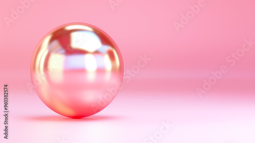 A shiny sphere with a reflective surface lies on a smooth pink backdrop. The object subtly captures light, creating a soft interplay of colors that evokes tranquility and elegance