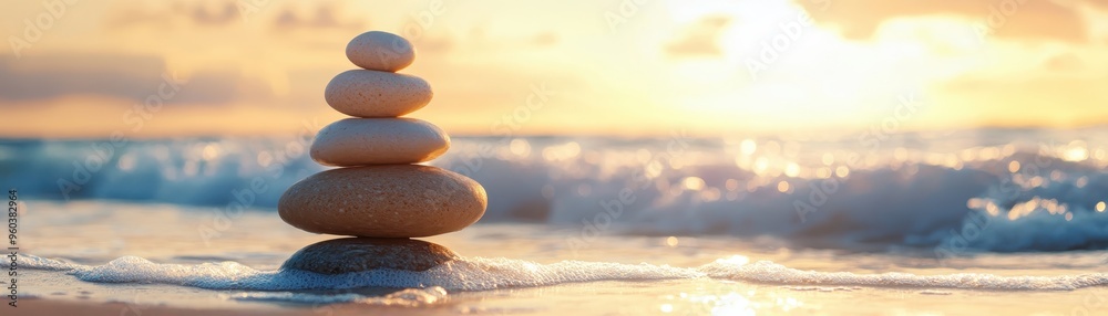 Fototapeta premium Tranquil beach scene with stacked stones at sunset, perfect for relaxation and zen inspiration. Calming waves in the background add serenity.