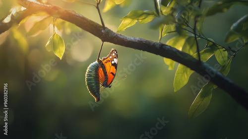 Butterfly Emerging From Chrysalis On Branch