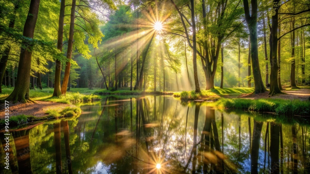 Obraz premium Sunlight filtering through trees in a forest with a pond , sunlight, trees, forest, pond, nature, serene, peaceful