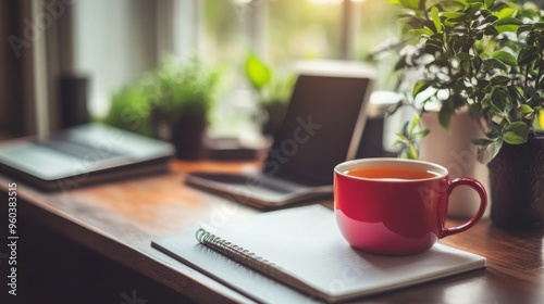 organized desk with notebook and tea, illustration of work-life balance concept ideal for banner design