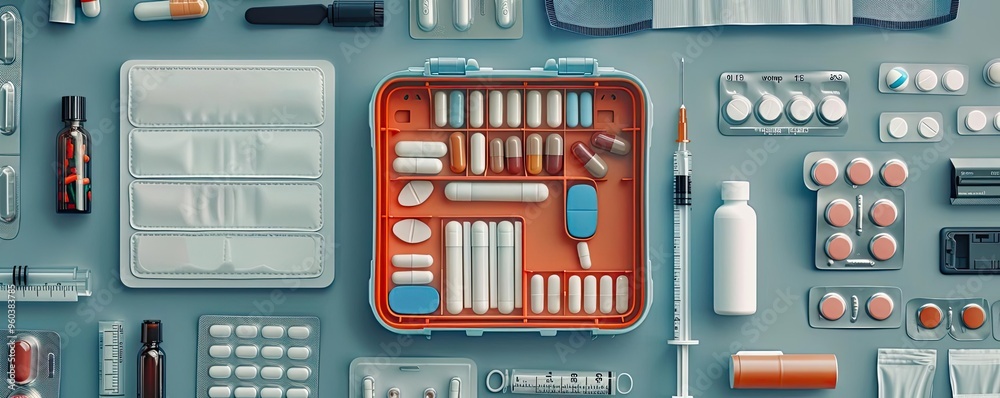 Flat lay of various medication, capsules, and a first aid kit, showcasing health and wellness essentials for personal care.