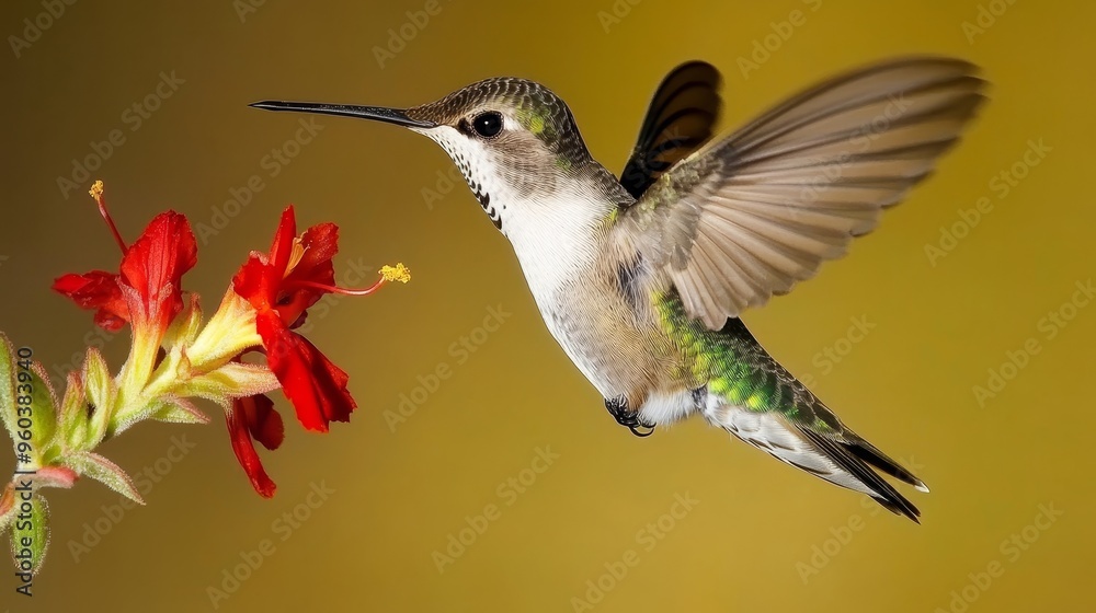 Fototapeta premium A hummingbird hovering near a vibrant red flower, showcasing its iridescent feathers and delicate wings.