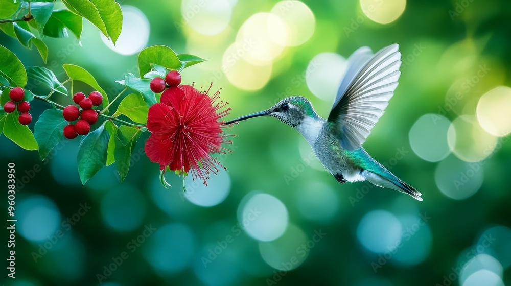 A hummingbird hovers near a vibrant red flower, showcasing nature's beauty and the interaction between pollinators and plants. A hummingbird hovers near a vibrant red flower, showcasing nature's beauty and the interaction between pollinators and plants.