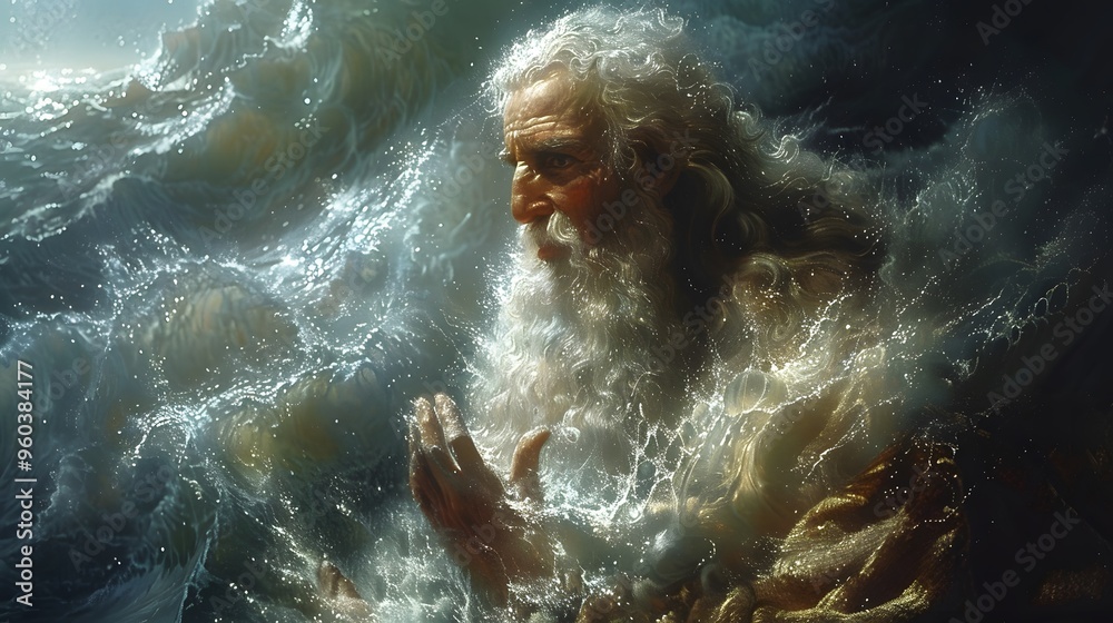Depict the dramatic scene where Moses, at the forefront with his staff held high, parts the Red Sea, allowing the Israelites to rush through the towering waves on either side Depict the dramatic scene where Moses, at the forefront with his staff held high, parts the Red Sea, allowing the Israelites to rush through the towering waves on either side