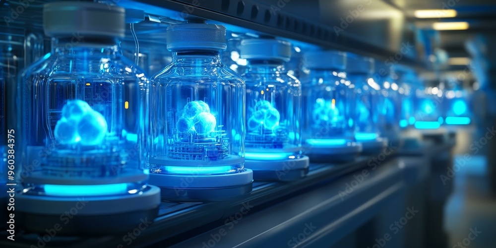 Fototapeta premium Glowing blue orbs inside glass containers on a conveyor belt.