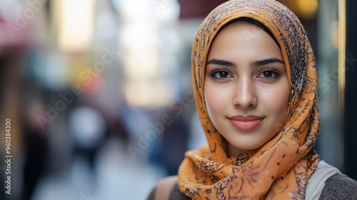 Confident young woman in hijab smiling outdoors on a vibrant city street