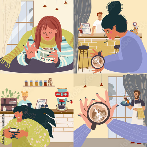 Set of illustration with people and coffee cafe environment, coffee menu, vector hand drawn illustration.