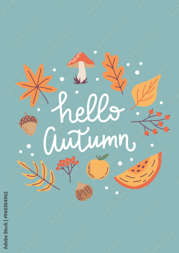 Obraz premium Hello autumn card. Hand drawn calligraphy and cute seasonal elements. Vector illustration template