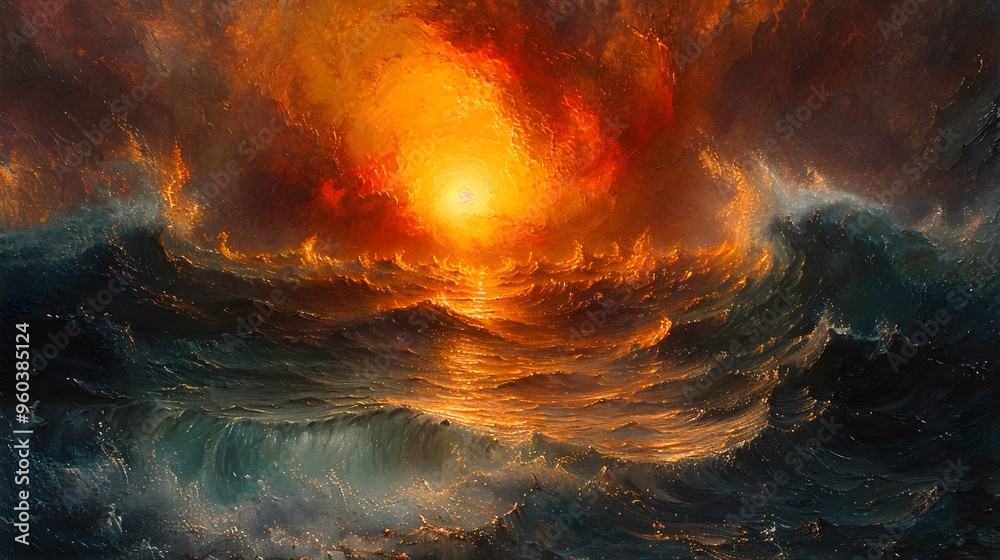 Depict the majestic crossing of the Red Sea, with Moses at the forefront leading the Israelites, as the waves rise high, reflecting the divine light from the heavens above, Depict the majestic crossing of the Red Sea, with Moses at the forefront leading the Israelites, as the waves rise high, reflecting the divine light from the heavens above,