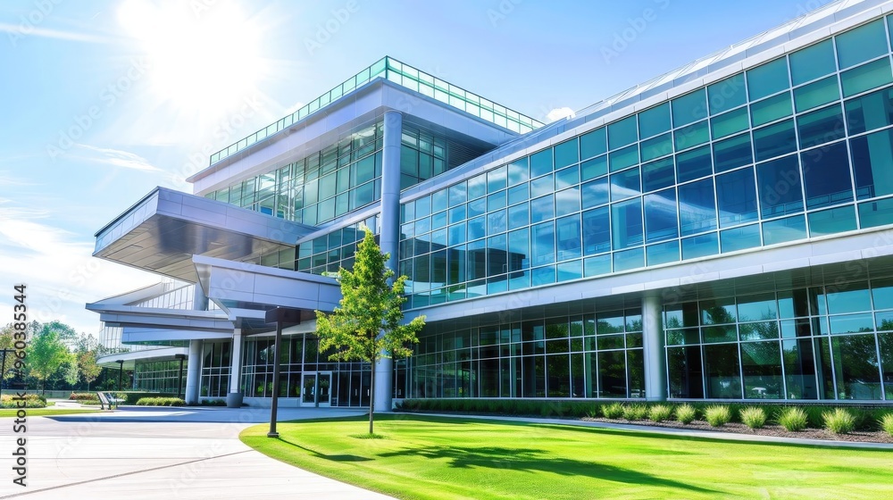 Modern commercial building with expansive glass facade set against a clear blue sky and well-maintained green landscape. Modern commercial building with expansive glass facade set against a clear blue sky and well-maintained green landscape.