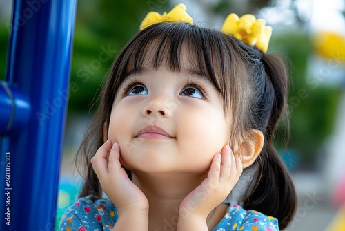 Girlâ€™s face, tilted head, inquisitive look suggests curiosity and a desire to learn more photo