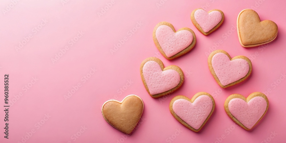 Valentine's Day card with heart shaped cookies on pink background top view Valentine's Day card with heart shaped cookies on pink background top view