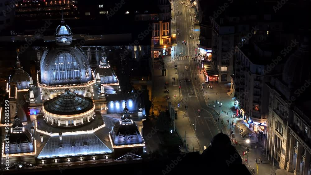 Aerial drone view of the Palace of the Deposits and Consignments illuminated in Bucharest, Romania at night Aerial drone view of the Palace of the Deposits and Consignments illuminated in Bucharest, Romania at night