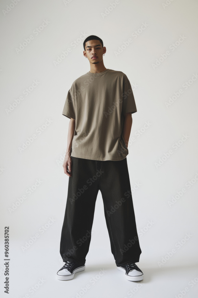 Fashion Portrait of Young Man in Casual Streetwear Style with Brown Tee and Sneakers Fashion Portrait of Young Man in Casual Streetwear Style with Brown Tee and Sneakers