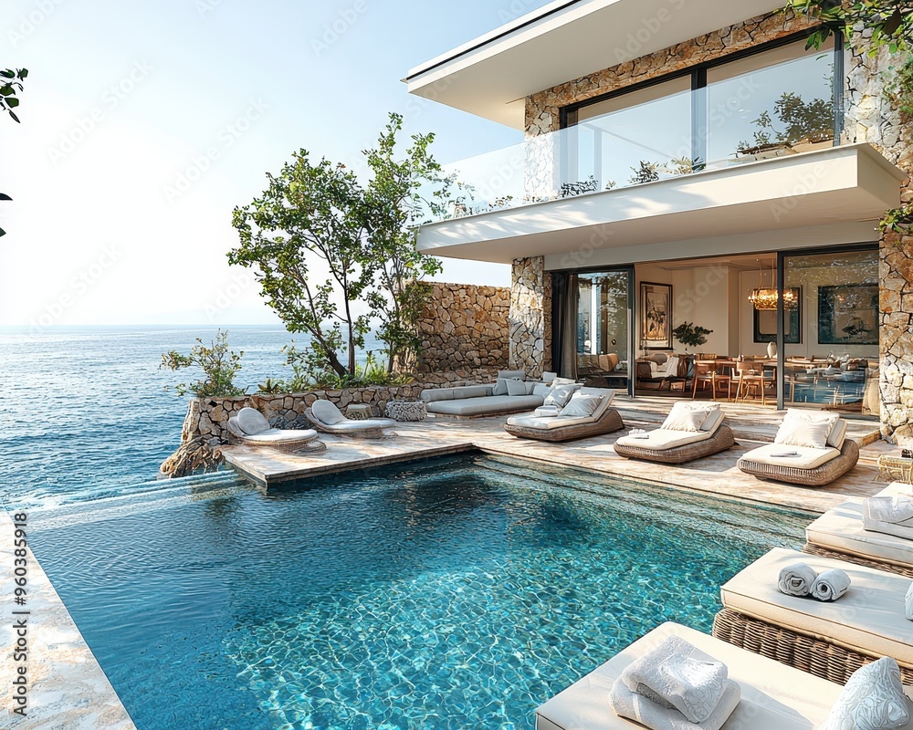 Fototapeta premium Serene Retreat: Stylish Villa Terrace with Sunbeds, Blue Pool, and Breathtaking Sea View under Clear Sky