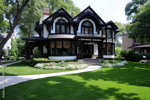 House, Victorian style, ornate details showcases intricate woodwork, stained glass, and a wraparound porch