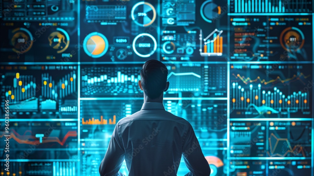 Businessman Analyzing Data on Multiple Screens Businessman Analyzing Data on Multiple Screens