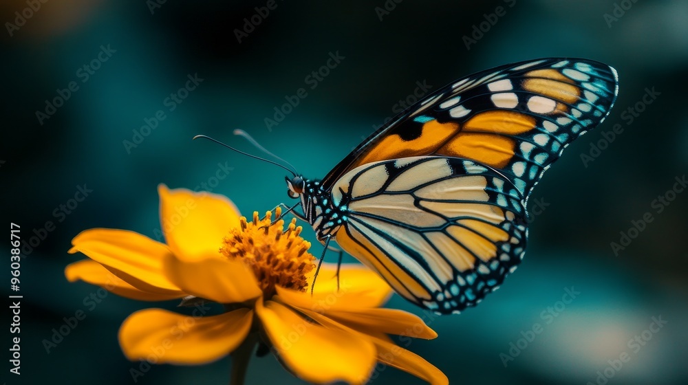 A vibrant butterfly perched on a bright yellow flower, showcasing nature's beauty and intricate details. A vibrant butterfly perched on a bright yellow flower, showcasing nature's beauty and intricate details.