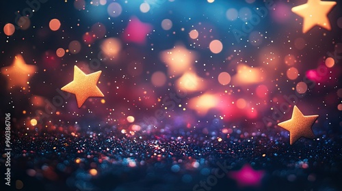 9. A dreamy night sky filled with cute stars and confetti, glowing brightly against a dark background. The colorful dots and abstract galaxy design are perfect for a children s book cover, poster, or photo