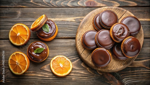 Chocolate jaffa cakes with orange marmalade on wooden background top view