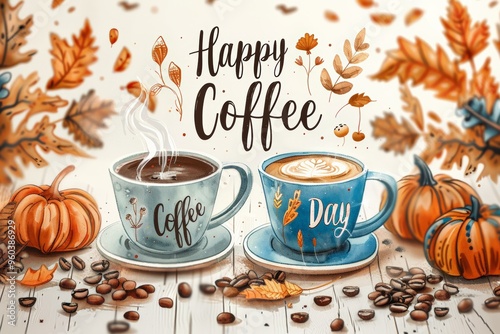 An artistic illustration celebrating "Happy Coffee Day" with steaming cups of coffee, pumpkins, and autumn leaves, conveying warmth and comfort.