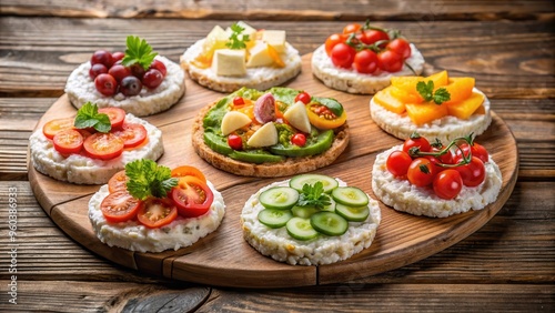 Rice cakes with a variety of toppings on a wooden background with copy space