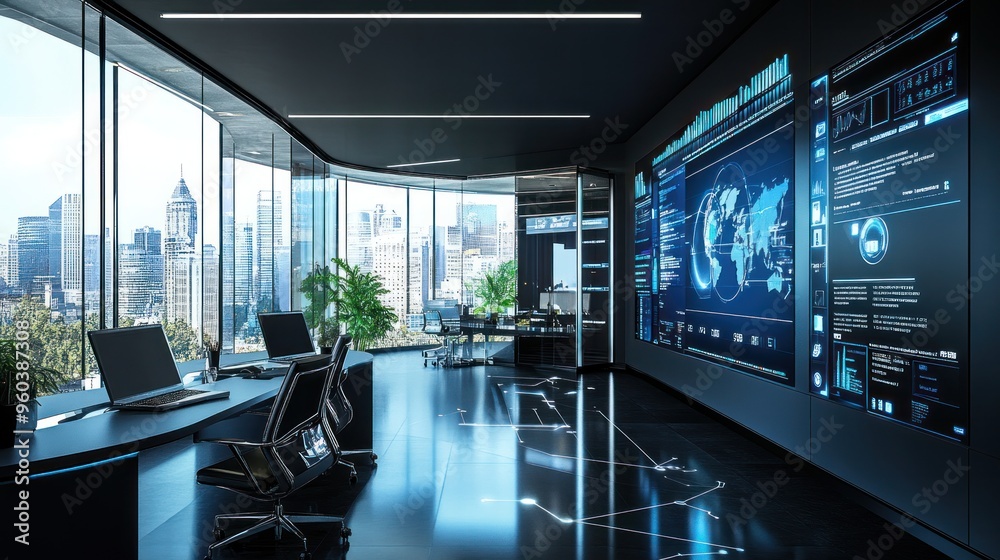 A modern office where robo-advisory services are provided, with digital screens showcasing portfolio management and AI-driven insights, efficient and futuristic layout A modern office where robo-advisory services are provided, with digital screens showcasing portfolio management and AI-driven insights, efficient and futuristic layout