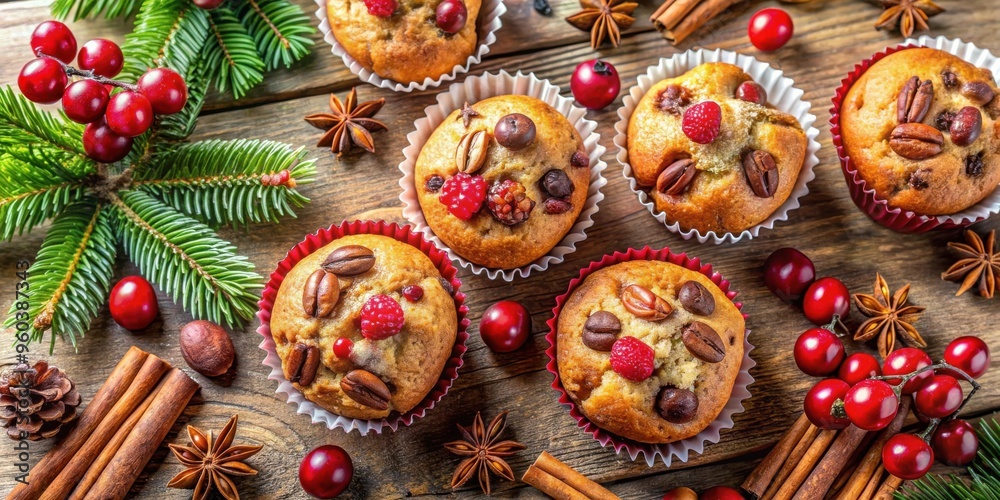 Top view of festive cranberry and pecan nut muffins with Christmas decoration, copy space Top view of festive cranberry and pecan nut muffins with Christmas decoration, copy space