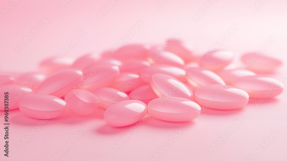 a pile of biotin soft gel capsules in pink hues against an isolated soft blush pink background a pile of biotin soft gel capsules in pink hues against an isolated soft blush pink background