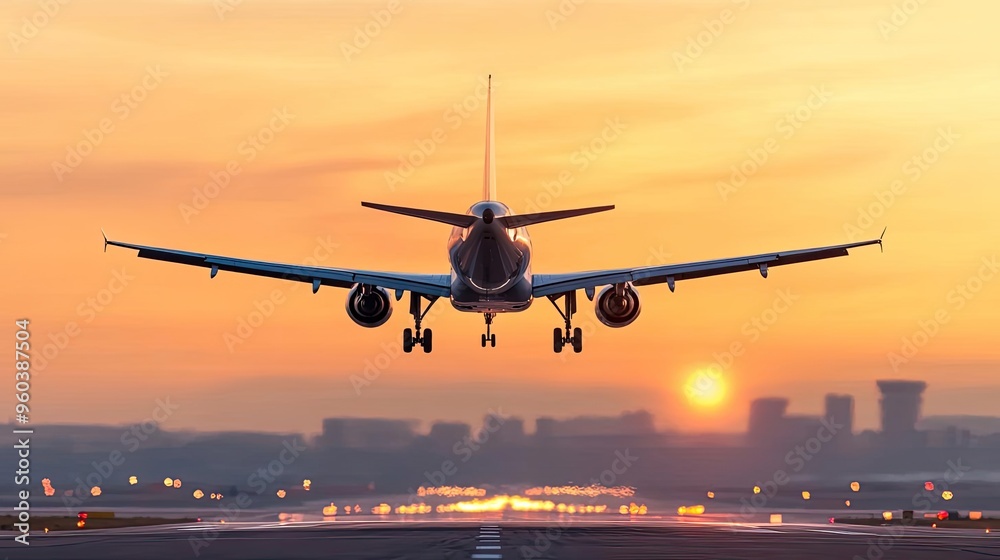 An airplane landing on a runway during sunset, highlighting the beauty of travel and aviation in the golden hour. An airplane landing on a runway during sunset, highlighting the beauty of travel and aviation in the golden hour.