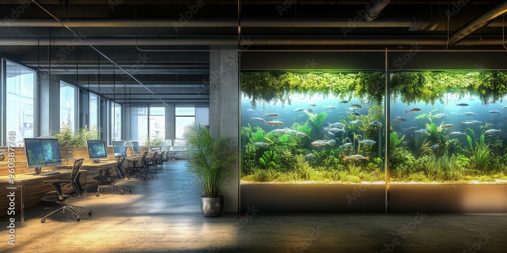Modern office with large fish tank and plants. Modern office with large fish tank and plants.