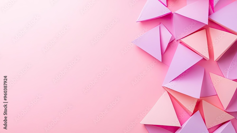 Beautiful arrangement of pink and purple paper triangles on a soft pink background, perfect for creative projects and designs. Beautiful arrangement of pink and purple paper triangles on a soft pink background, perfect for creative projects and designs.