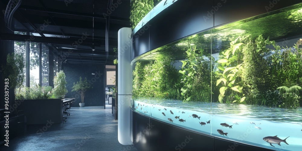 Modern office with large aquarium filled with fish and plants. Modern office with large aquarium filled with fish and plants.