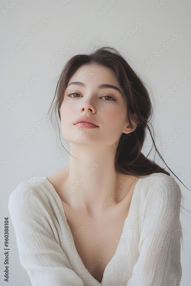 A minimalist portrait of a serene woman, white background, soft lighting, neutral expression A minimalist portrait of a serene woman, white background, soft lighting, neutral expression