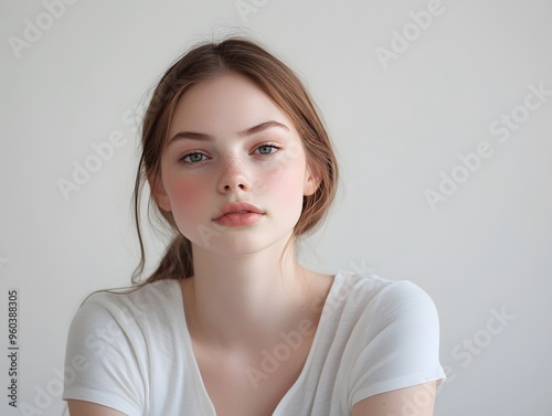 A minimalist portrait of a serene woman, white background, soft lighting, neutral expression