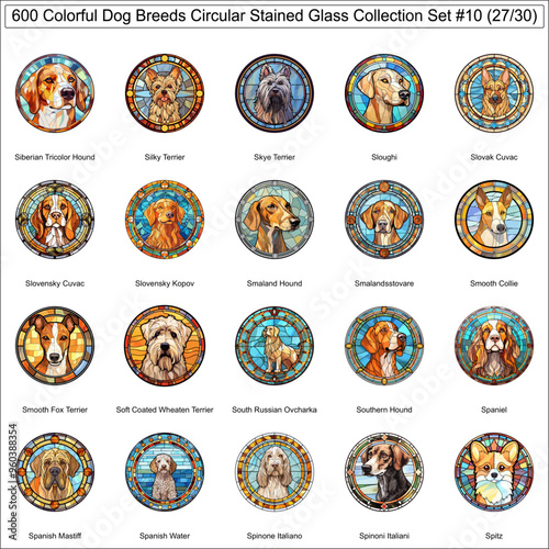 Colorful Dog Breeds Circular Stained Glass Dogs Bundle Collection Set 10 of 600 Dog Faces Isolated Part 27